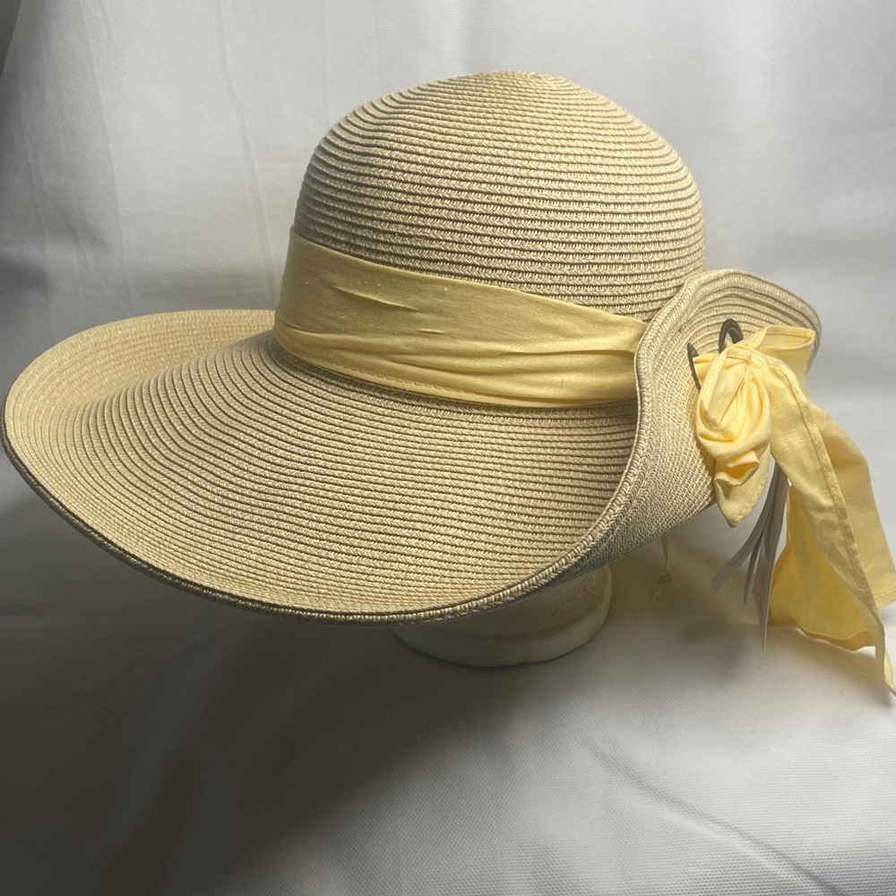 San Diego Hat Co. Derby Days Straw Hat Yellow Scarf Bow Womens OS Wide Paper Cap